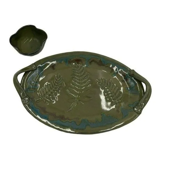 Product image for Art Pottery Platter Matching Dip Bowl Green Leaf Pattern Dual Handled Signed