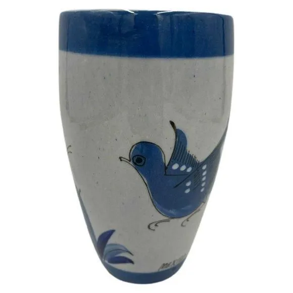 Product image for 9" Tonala El Palomar Mexico Vase Blue Birds Butterflies Folk Art Ken Edwards?