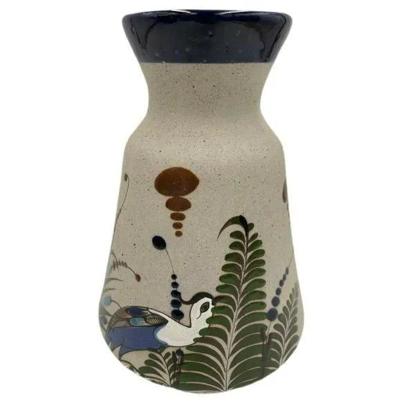 Product image for Tonala Mexican Stoneware Pottery Vase Cobalt Rim Birds Butterfly Signed Mateo