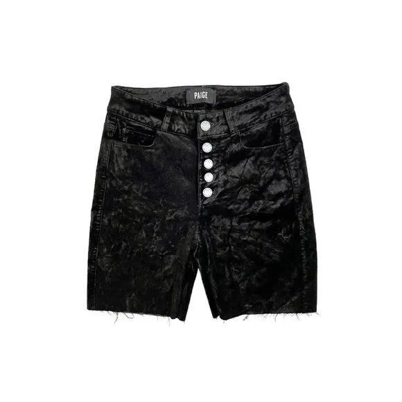 Product image for Paige Denim Black Velvet Cut Off Shorts Raw Hem Exposed Buttons SZ 24