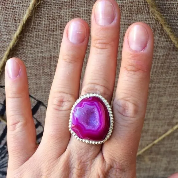 Product image for Pink druzy agate sterling silver ring