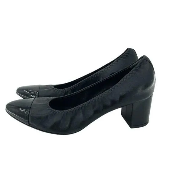 Product image for AGL Black Leather Cap Toe Pump Leather Block Heels Shoes SZ 39