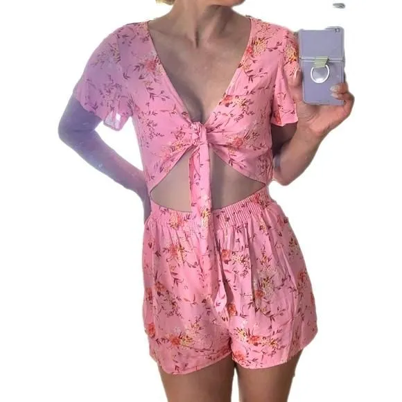 Product image for Bebop One Piece Pink Floral Tie Front Romper Size XS