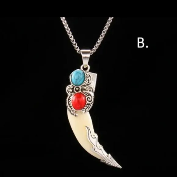 Product image for New Wolf Tooth Pendant with faux red/green Turquoise Necklace