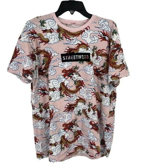 Product image for Original Gravity Streetwear Dragon Allover Print Shirt Mens Size Medium Pink