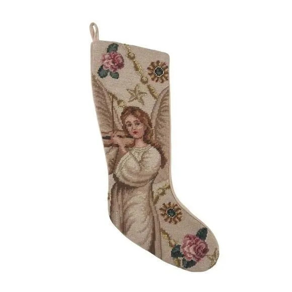 Product image for Victorian Angel Christmas Holiday Stocking Needlepoint Front Velvety Back 19"