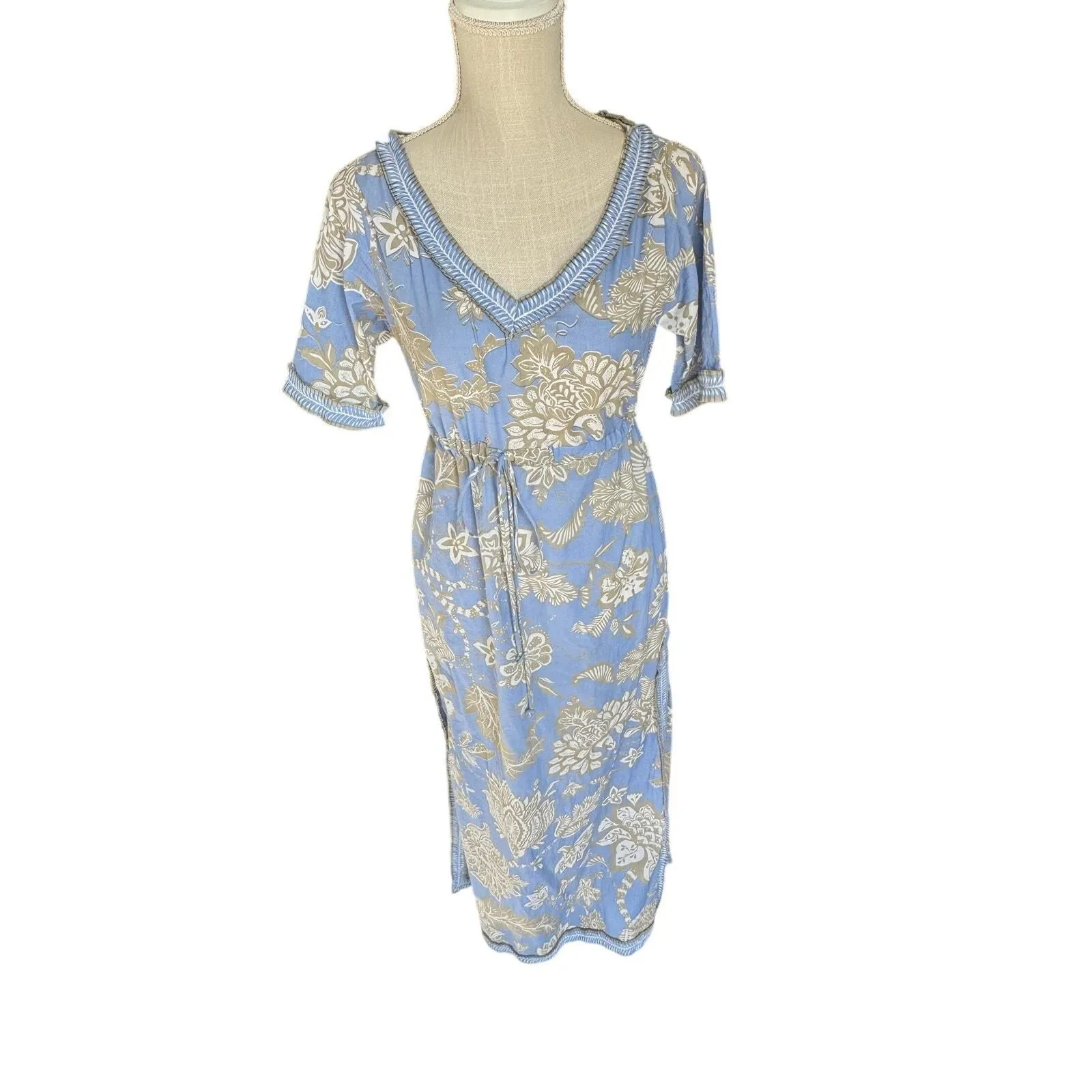 Gretchen Scott Blue Floral Midi Dress XS V-Neck Belted Waist - Gretchen Scott1