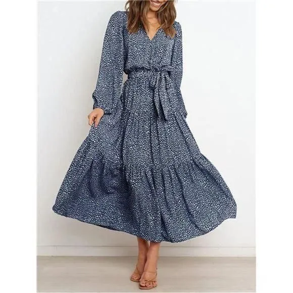Product image for Women Long Sleeve V Neck Ruffle Tiered Maxi Dress Waist Boho Chiffon Flowy Dress