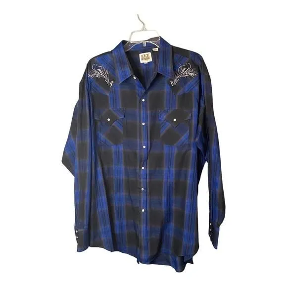 Product image for Ely Cattlemen Mens XXL Blue Black Plaid Tribal Embroidered Pearl Snap Shirt vtg