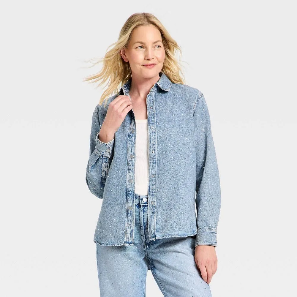 New with Tags - Size XS - Women's Button-Down Rhinestone Denim Shirt - Universal  Thread Light Wash XS  Whatnot: Shop, Sell, Connect