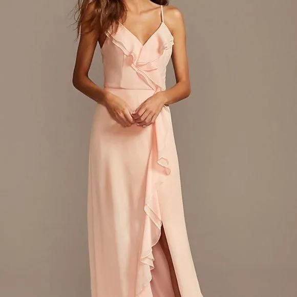 david's bridal ruffle spaghetti strap chiffon bridesmaid dress Wedtrend Women Dusty Blue Wrap Short Junior Bridesmaid Dress with Flutter  Sleeves Chiffon V Neck Ruffle Tea-Length Wedding Guest Dress – WEDTREND main image 0