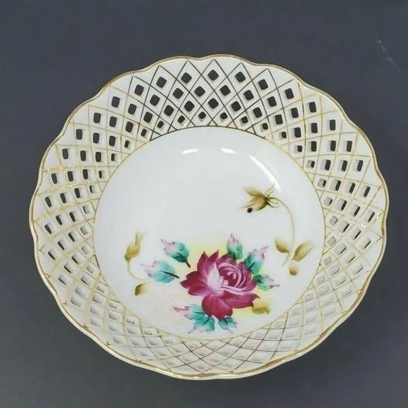 Product image for Vintage Occupied Japan Lattice Gold Trimmed Floral Bowl 5.75” Wide Hand Painted