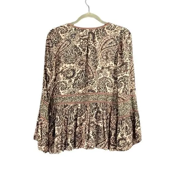 Product image for American Eagle outfitters Boho Pink Paisley Print Velvet Trim Top long sleeve V