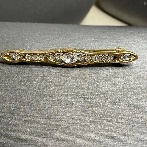 Product image for 1928 Vintage Gold Tone Rhinestone Bar Brooch Over 2” Gorgeous Victorian Look.
