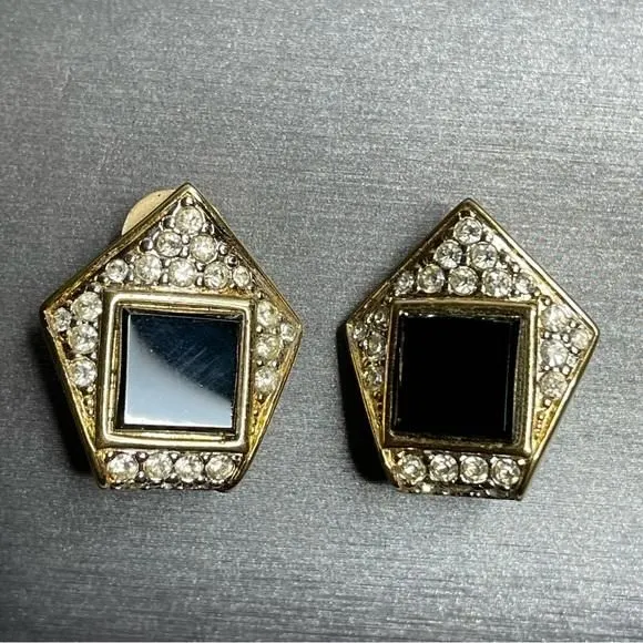 Product image for Nina Ricci Geometric Black Glass & Rhinestone Clip On Vintage Earrings Classic.