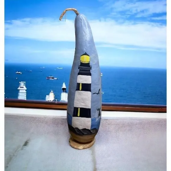 Product image for Hand Painted Beach Lighthouse Nautical Ocean Large 20" Numbered Gourd