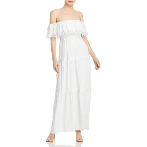 Product image for NWT AQUA Formal Ivory Lace Trim Off the Shoulder Tiered Maxi Dress plus size 14