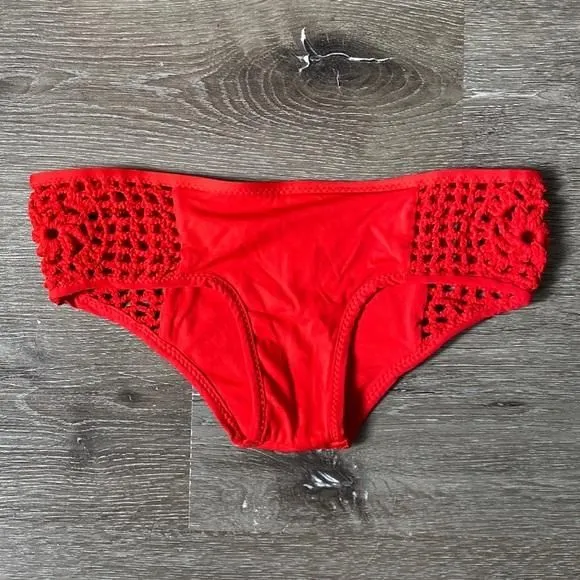 Product image for Frankies Bikinis Lava Red Crochet Panel Bottoms 🧶