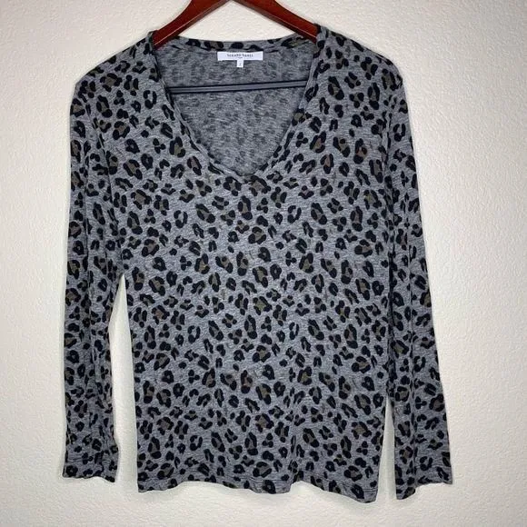 Product image for Gerard  Darel Women's Gray & Brown Leopard Print V-Neck Long-Sleeve T-Shirt Size