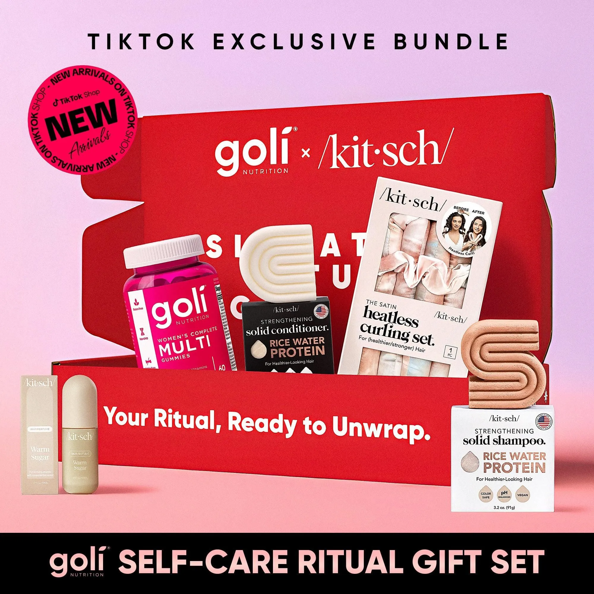 Goli x Kitsch Self Care Ritual Gift Set: 1 Bottle of Goli Women's Complete Gummies & Kitsch Solid Rice Water Shampoo & Conditioner, heatless curling set & Hair Perfume. Gluten-Free, Vegan, Non-GMO, and Gelatin-Free WhatNot