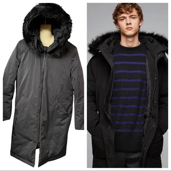 Product image for Zara Man Black Faux Fur Hooded Zipper Front Windbreaker Coat Size M