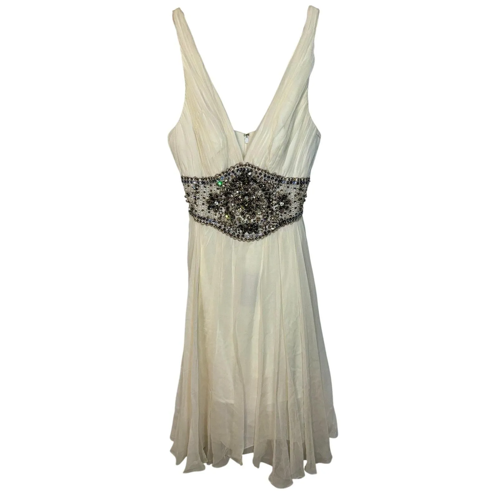 {MANDALAY-019} NWT Mandalay White Silk Navy Blue Beaded Sequin Mini Evening Dress Womens Size 6 - New - New with Imperfection - - Mandalay