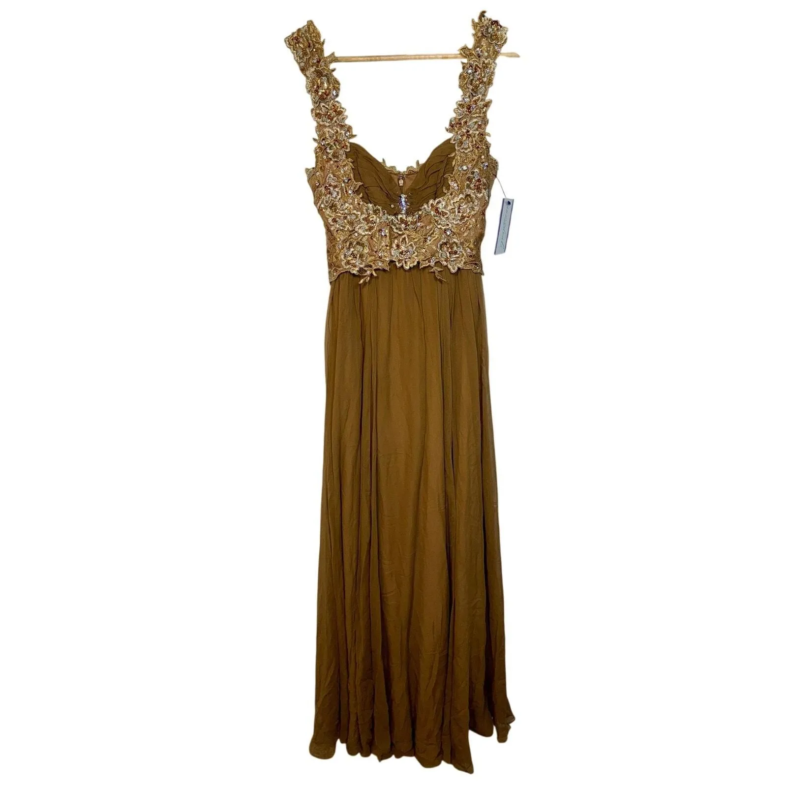 {MANDALAY-033} NWT Mandalay Medium Brown Gold Lace Beaded Sequin Long Evening Gown Dress Womens Size 4 - NWT - New with Tags - - Mandalay Dress