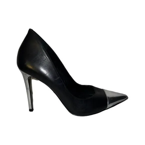 Product image for Michael Kors Keke Leather Cap-Toe Pump Heels Black & Silver Size 7