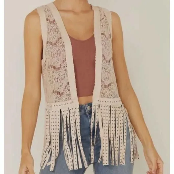 Product image for Vocal brand Fringe and studded Sleeveless Vest Lace Size L
