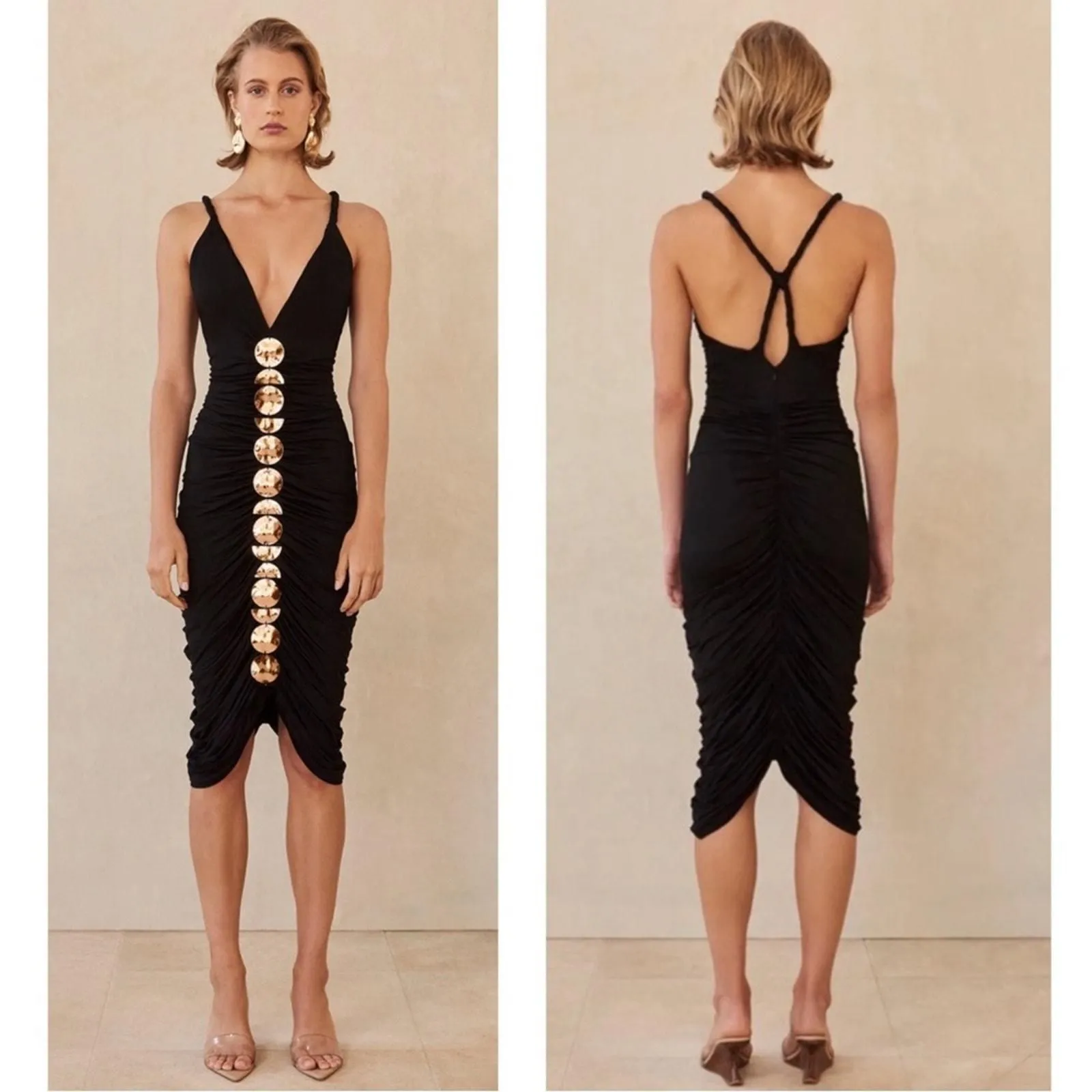 Cult Gaia Jalina Ruched Gold Detail Bodycon Black Midi Dress Size Small -  cult gaia