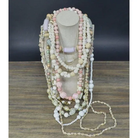 Product image for B43.) 1lb+ Vintage Resin/Wooden Plastic Faux Pearl Sea Shell & Other Necklace Lot
