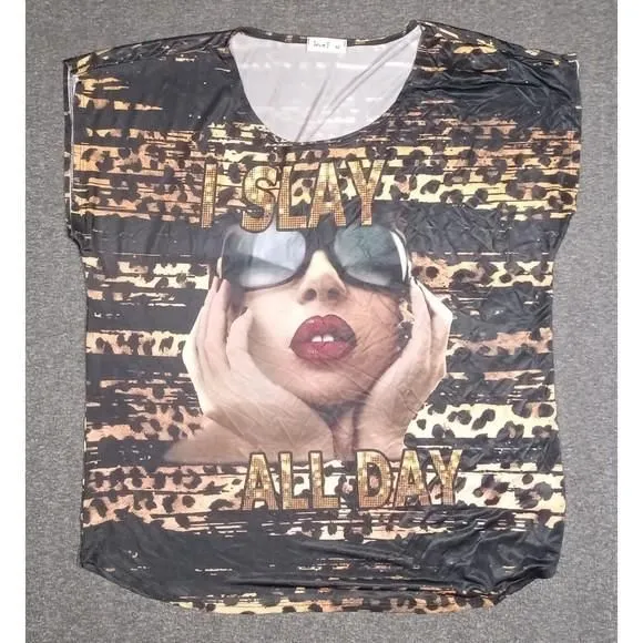 Product image for Women's LOVE J Size 3X SLAY ALL DAY Shirt Top Blouse Short Sleeve Cheetah Print