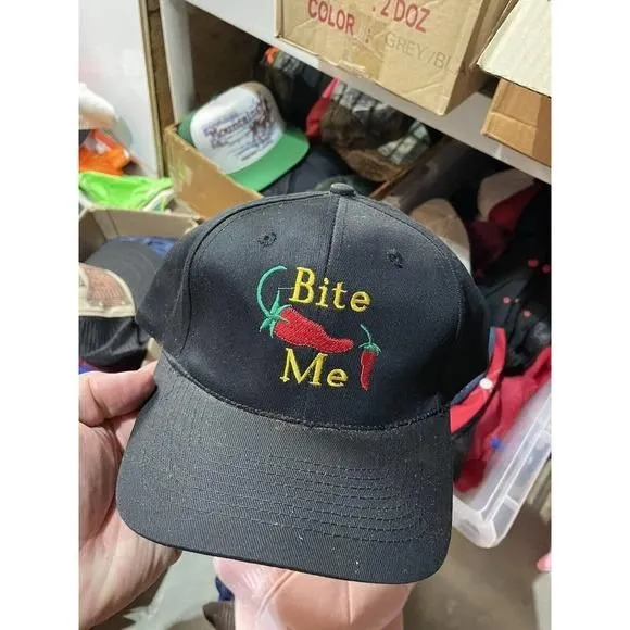 Product image for Vintage Funny Quote Hat Snapback humor “ Bite Me “ Hot Red Pepper