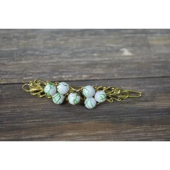 Product image for C26.) Vintage Hair Clip Green White Beaded Accessory