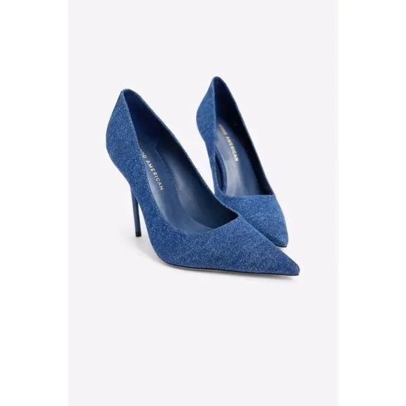 Product image for Good American Women's Emma Blue Denim Stiletto Heel Pumps Size 5.5 NEW With Box