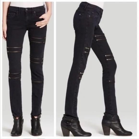 Product image for Rag & Bone Moto Punk Jeans Aged Black Silver Zippers Utility Cargo Jean Rock 27