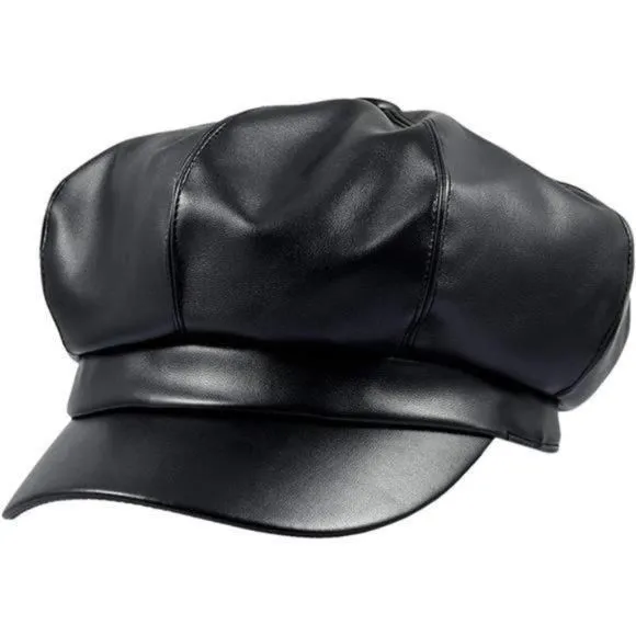Product image for PU Leather Cabbie Painter Hat Gatsby Ivy Beret Cap Black