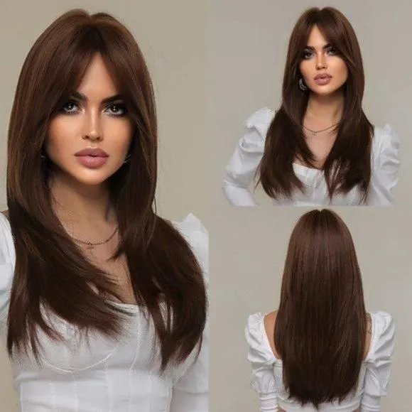 Product image for LONG Layered Wigs with Curtain Bangs Dark Brown