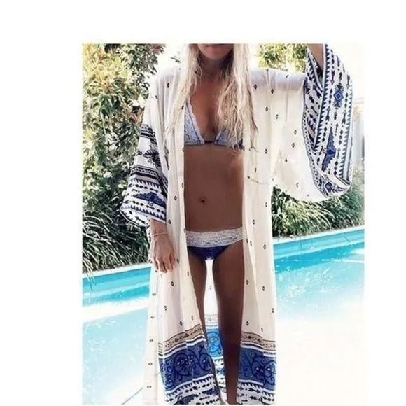 Product image for Long Cardigan Bikini Cover Up - White Blue