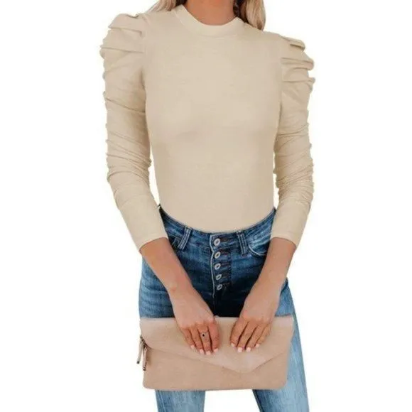 Product image for WOMEN'S Sexy Puff Sleeve Bodysuit Tops Nude