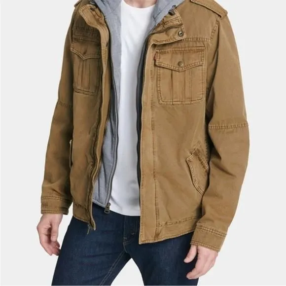 Product image for LEVI’S | Men’s Gray & Sherpa Lined Hooded Zip Front Trucker Khaki Jacket Size S
