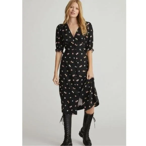 Product image for BY ANTHROPOLOGIE | Black Floral Button Up Short Sleeve Midi Dress Women’s Size 6