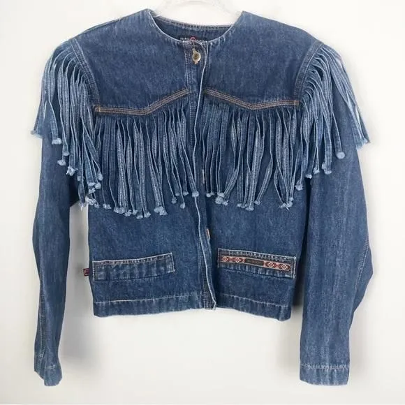 Product image for PALMER E PALMER | Vintage Denim Blue Jean Jacket Fringe Trim Women’s Size Small