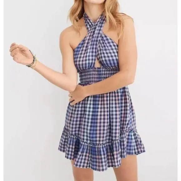 Product image for NWOT Aerie plaid cross front halter dress
