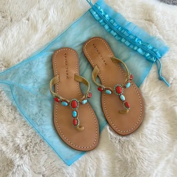 Product image for NEW Trina Turk Jeweled Stone Sandals 7 turquoise coral stones resort wear