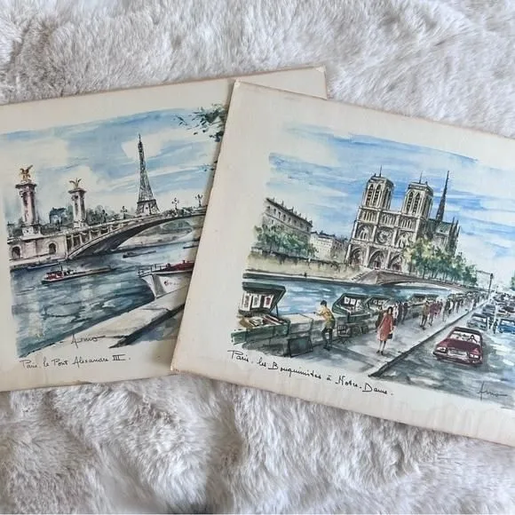 Product image for 2 Vintage Peter Arno Paris Watercolors signed MCM 1960s Notre Dame Eiffel Tower