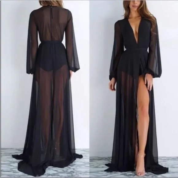 Product image for Black long sheer duster Hollywood glam robe sexy