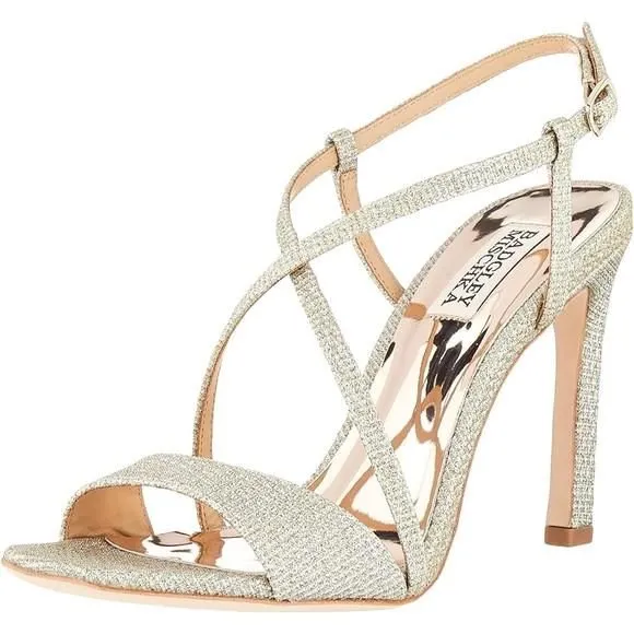Product image for Badgley Mischka Ebiza Glitter Cross Strap Sandal, Women's 8, Platinum Glitter, NWT