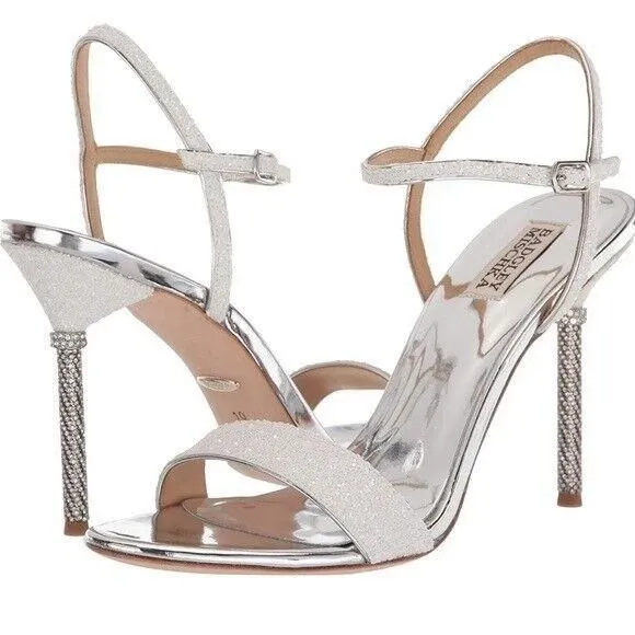 Product image for Badgley Mischka Women's Olympia Embellished Sandals in White Glitter, Size 9, NEW