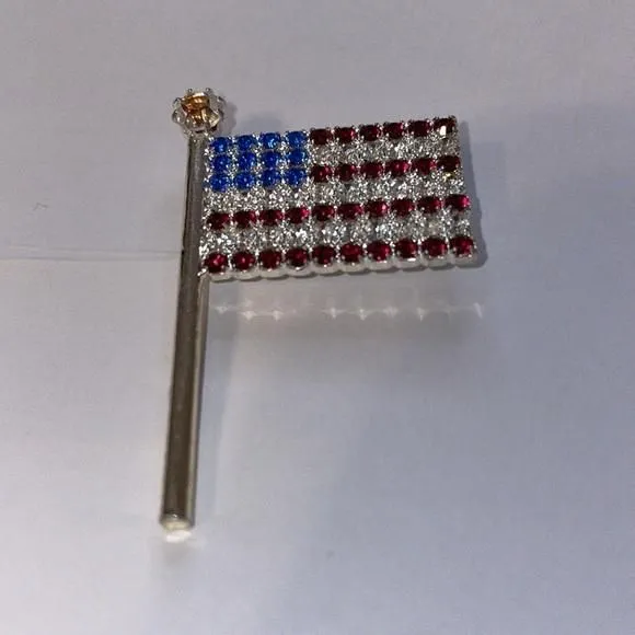 Product image for Jeweled American Flag Silver Metal Pin Brooch Red Blue Clear